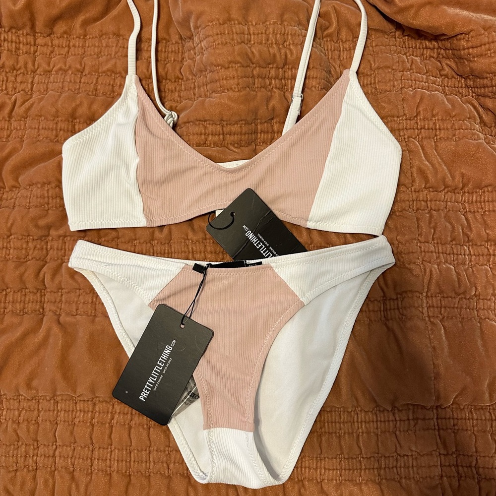 NWT! PrettyLittleThing Blush and White Textured Bikini